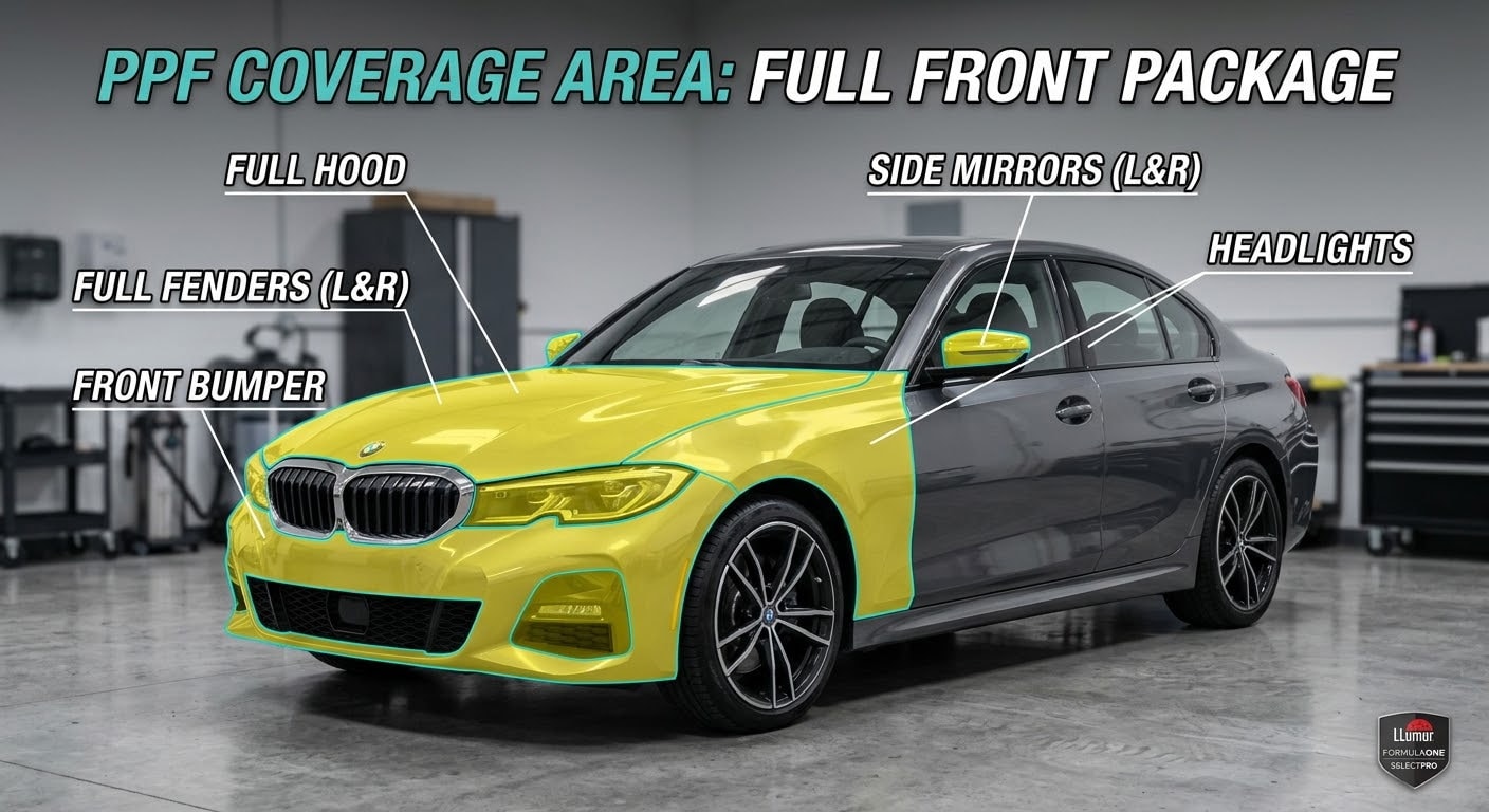 Full front paint protection film coverage areas